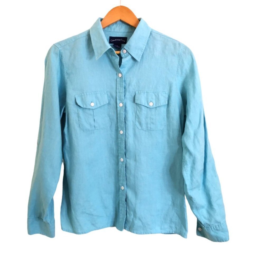 Charter Club 100% Linen Button Up Roll Tab Sleeve Shirt Blue Size 8‎ (S-M)